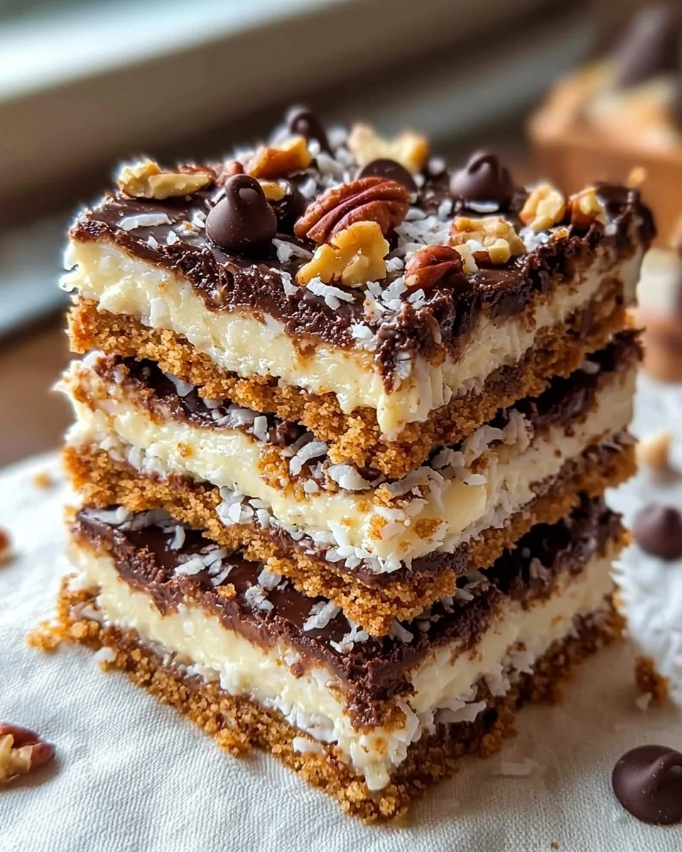 Delicious 7-layer bars with chocolate, coconut, and nuts stacked high.