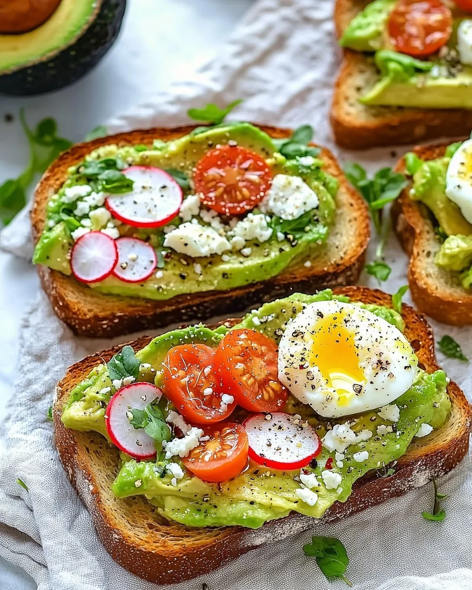 Delicious avocado toast topped with tomatoes and herbs on a plate