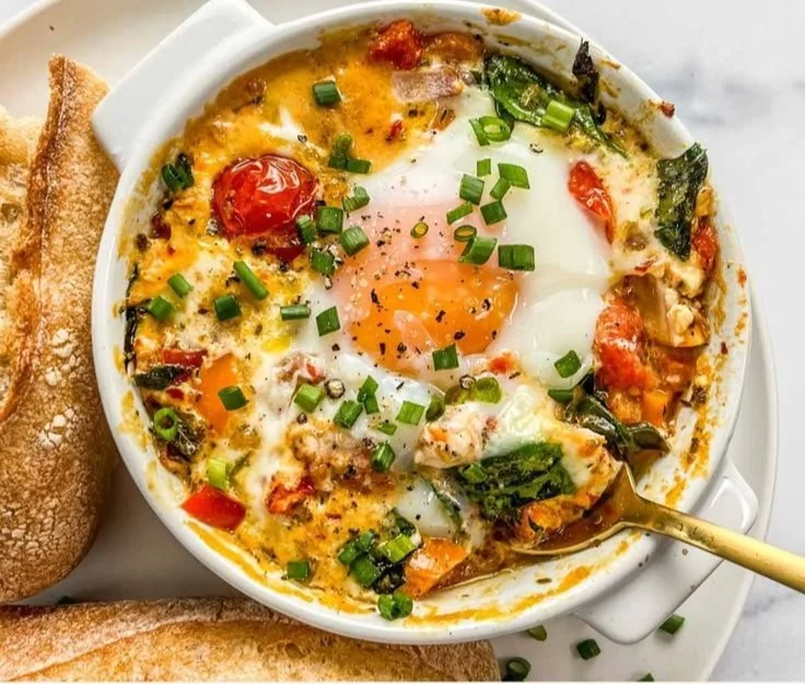 Baked feta eggs with tomatoes and spinach served in a ceramic dish