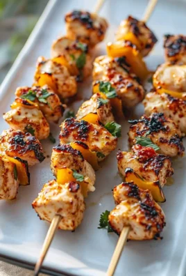 Delicious Bang Bang Chicken Skewers served with a spicy dipping sauce