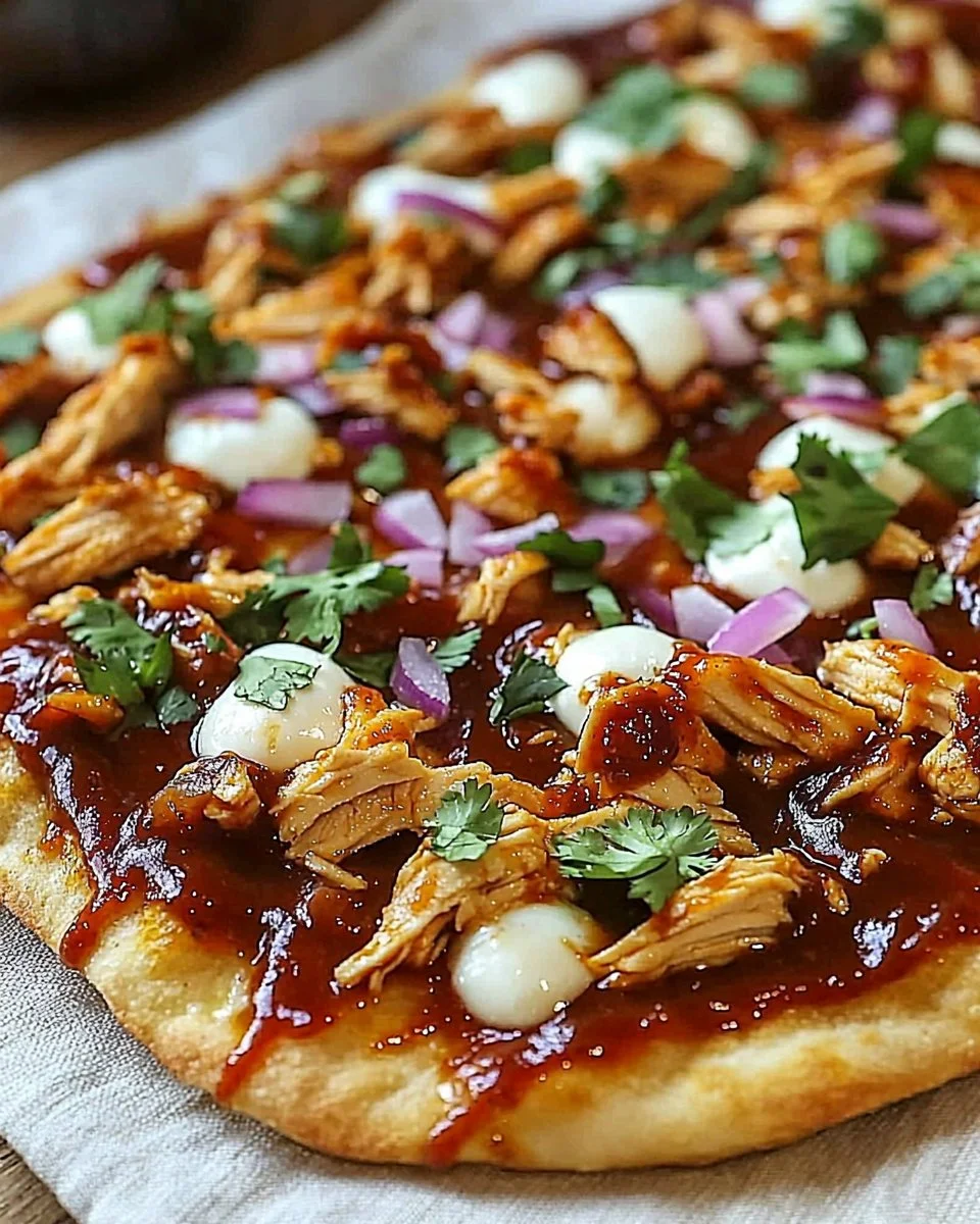 Delicious BBQ chicken pizza on flatbread with fresh ingredients and BBQ sauce.