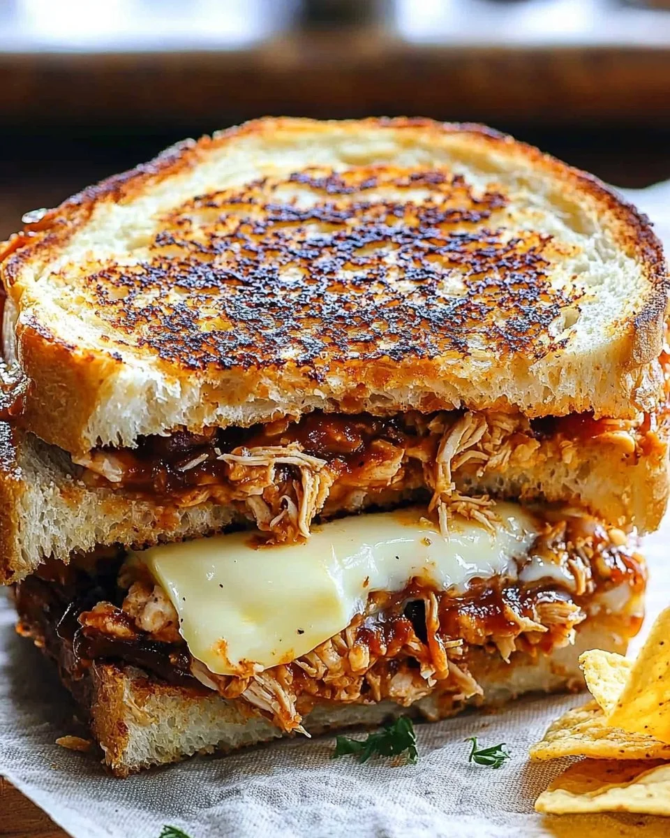 BBQ Chicken Grilled Cheese sandwich with melted cheese and smoky BBQ flavor