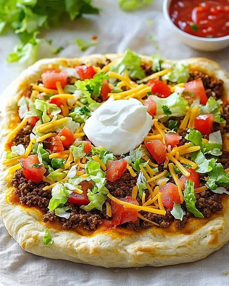 Delicious Crescent Roll Taco Pizza topped with cheese, tomatoes, and taco seasoning