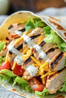 Delicious grilled chicken wraps filled with fresh vegetables and sauces