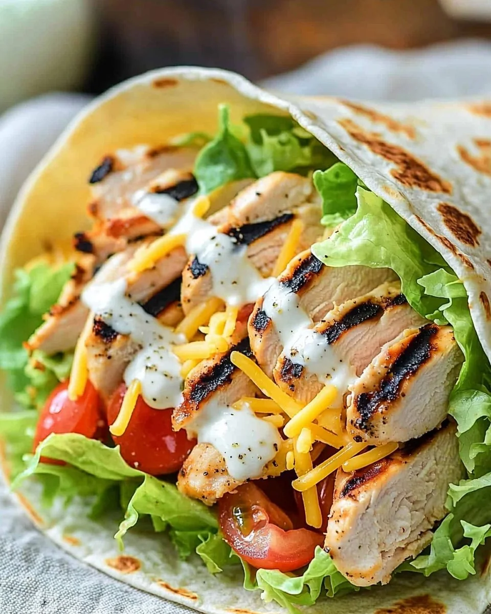 Delicious grilled chicken wraps filled with fresh vegetables and sauces