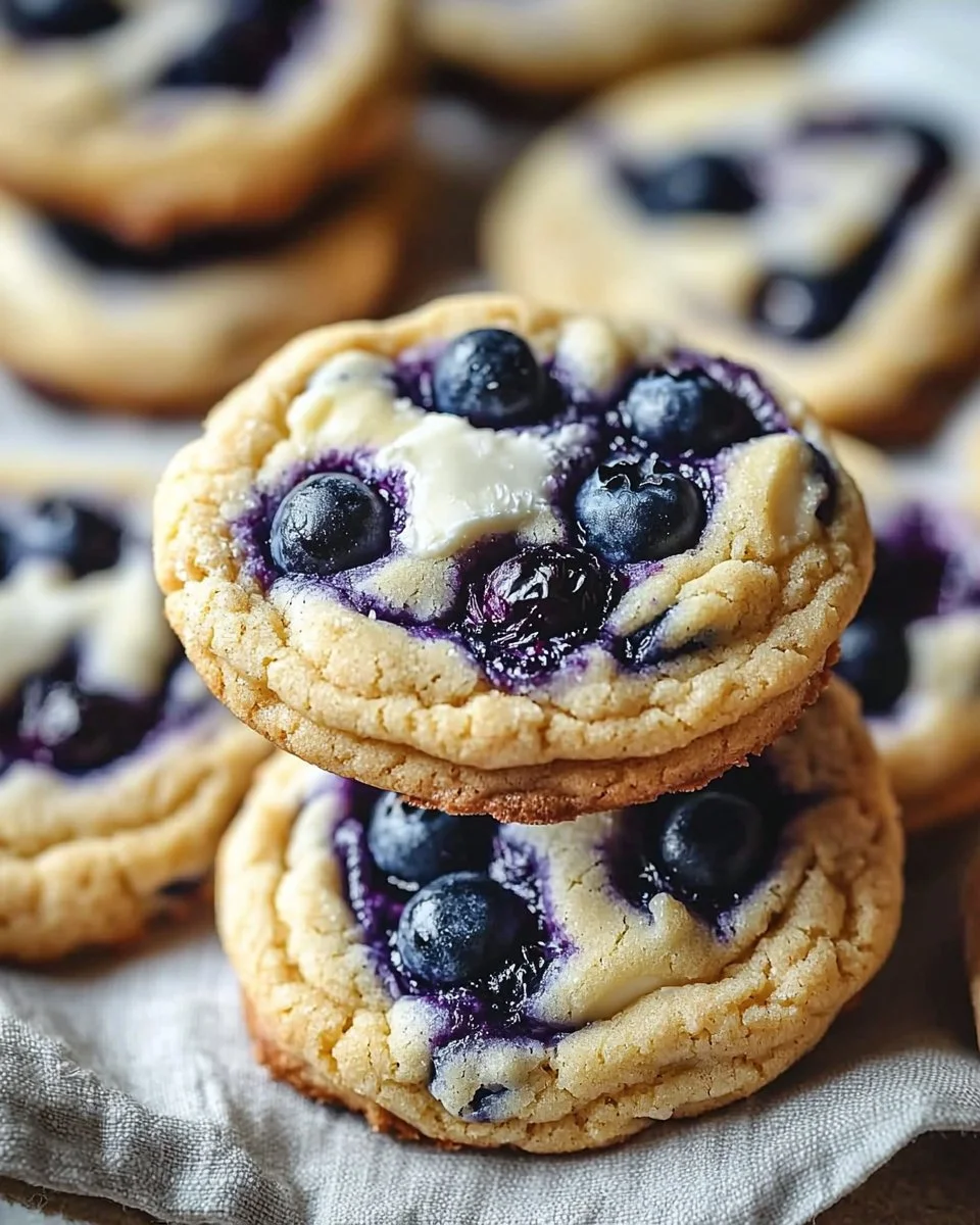 A plate of blueberry cheesecake cookies with fresh blueberries on top