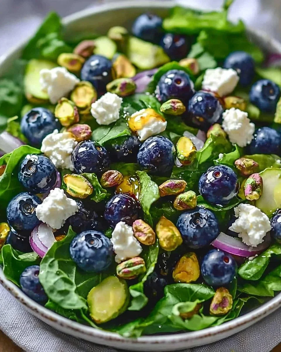 Colorful Blueberry Pistachio Spring Salad with vibrant greens and nuts