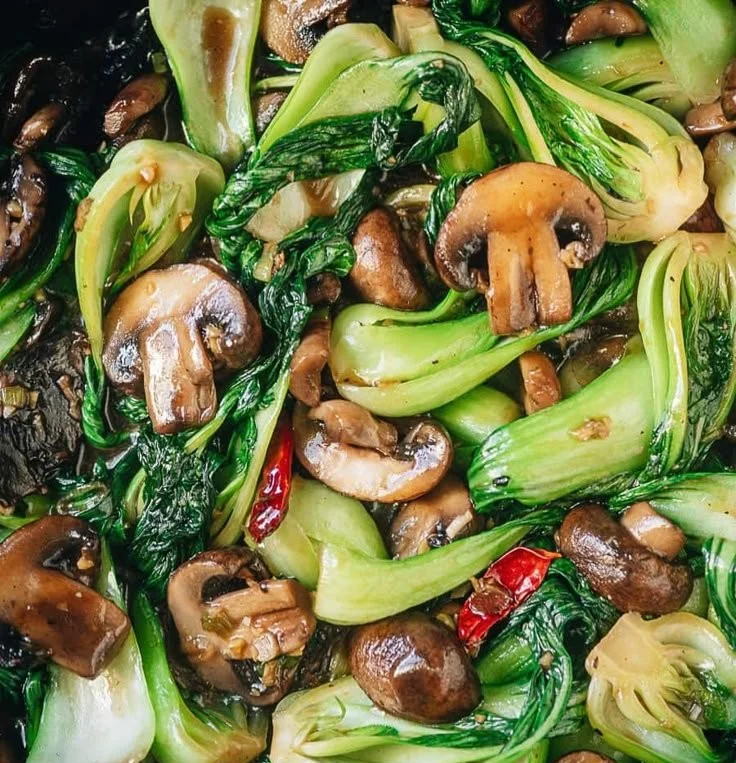 Bok Choy and Mushroom Stir Fry in a colorful bowl with vegetables