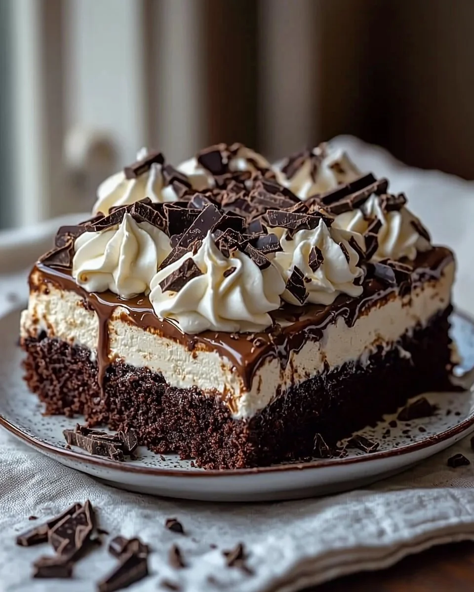 Decadent Brownie Refrigerator Cake topped with chocolate ganache