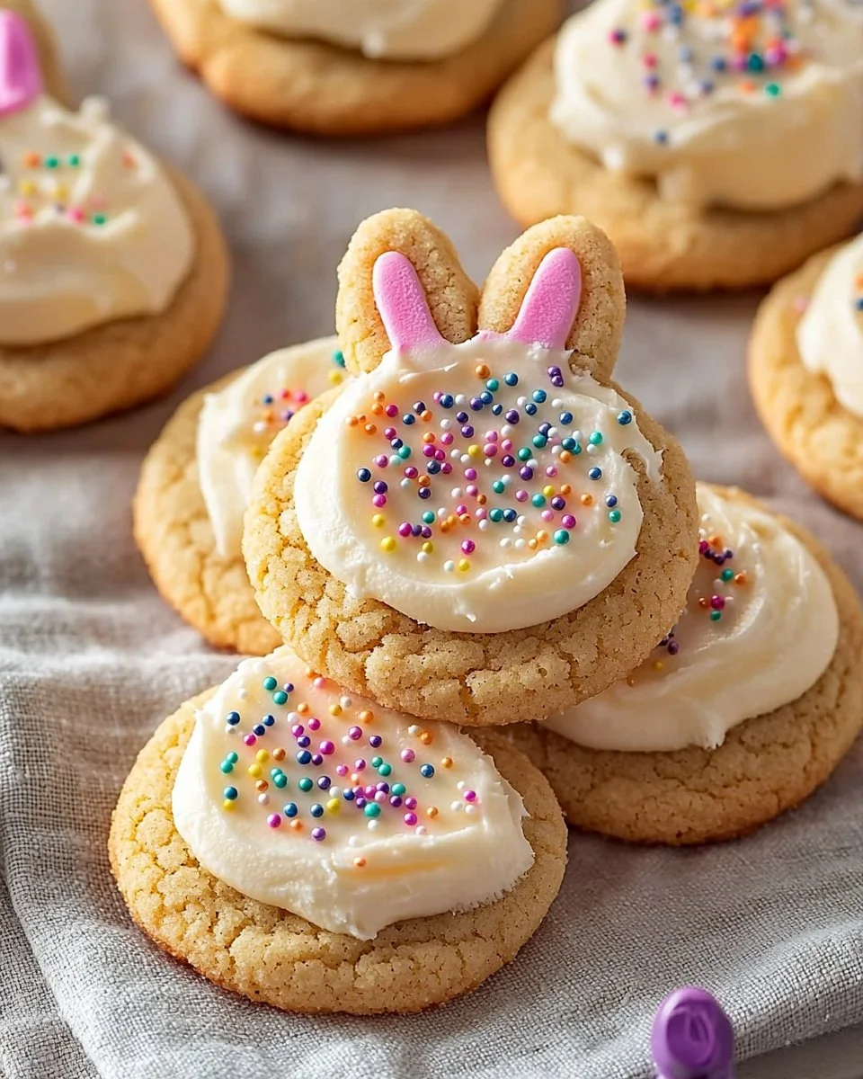 Colorful buttercream bunny cookies decorated for Easter celebrations