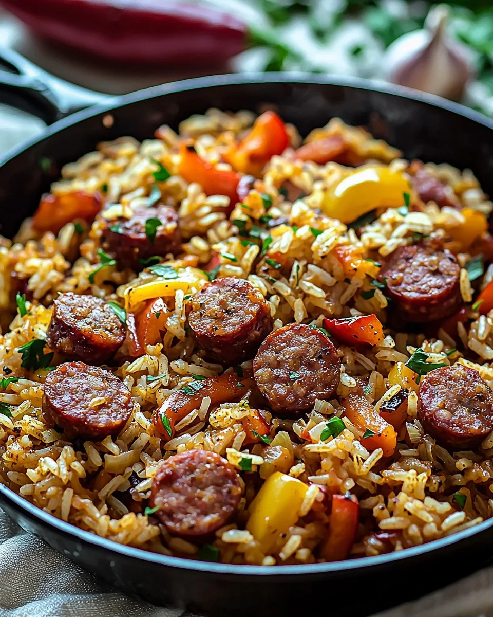 Cajun Sausage and Rice Skillet prepared with flavorful ingredients