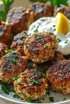 Juicy Chicken Kofta served with garlic yogurt sauce, garnished with herbs.