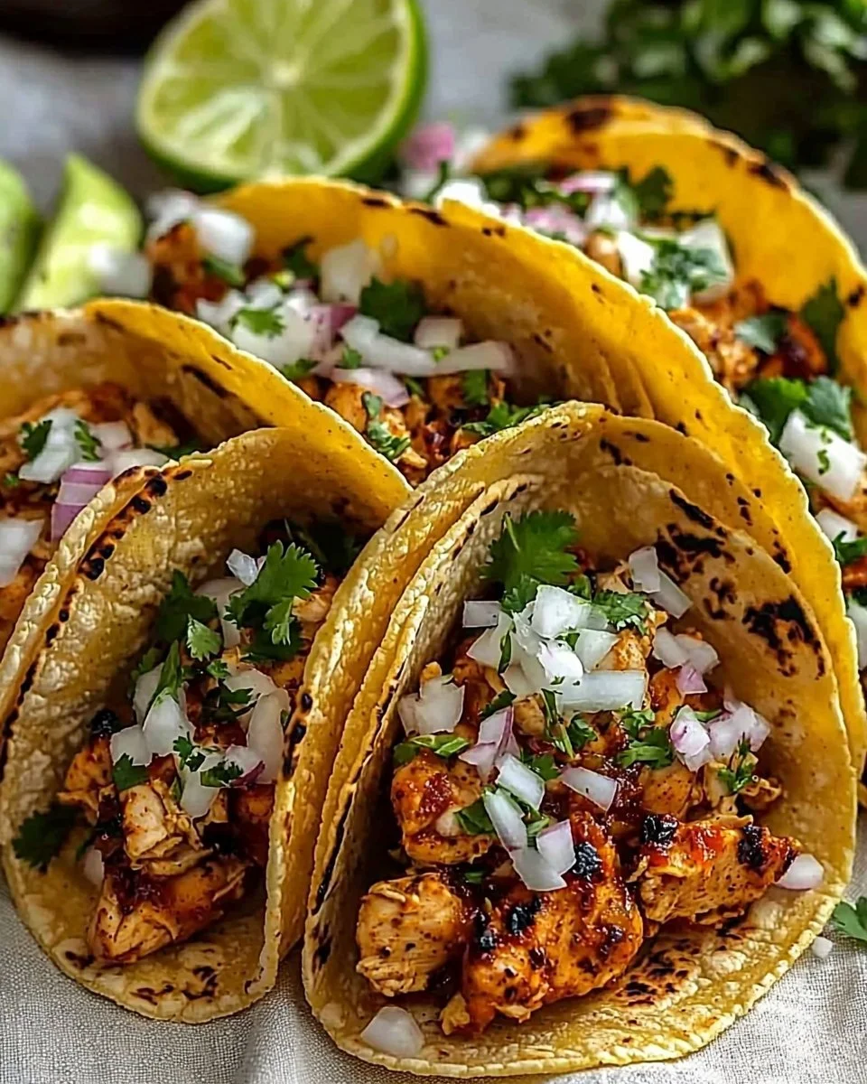 Delicious Chicken Street Tacos topped with fresh cilantro and lime