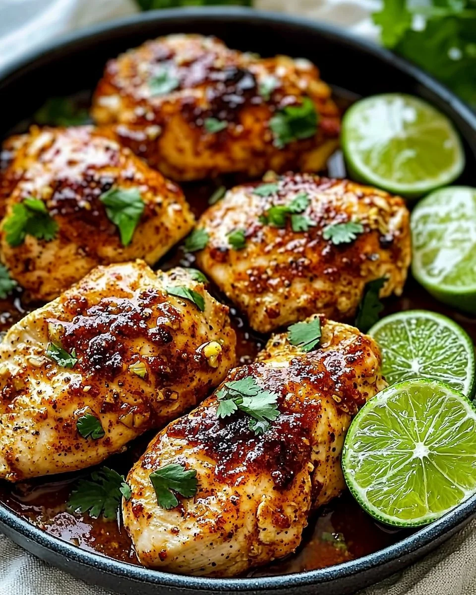 Grilled Chili Lime Chicken garnished with fresh cilantro and lime slices