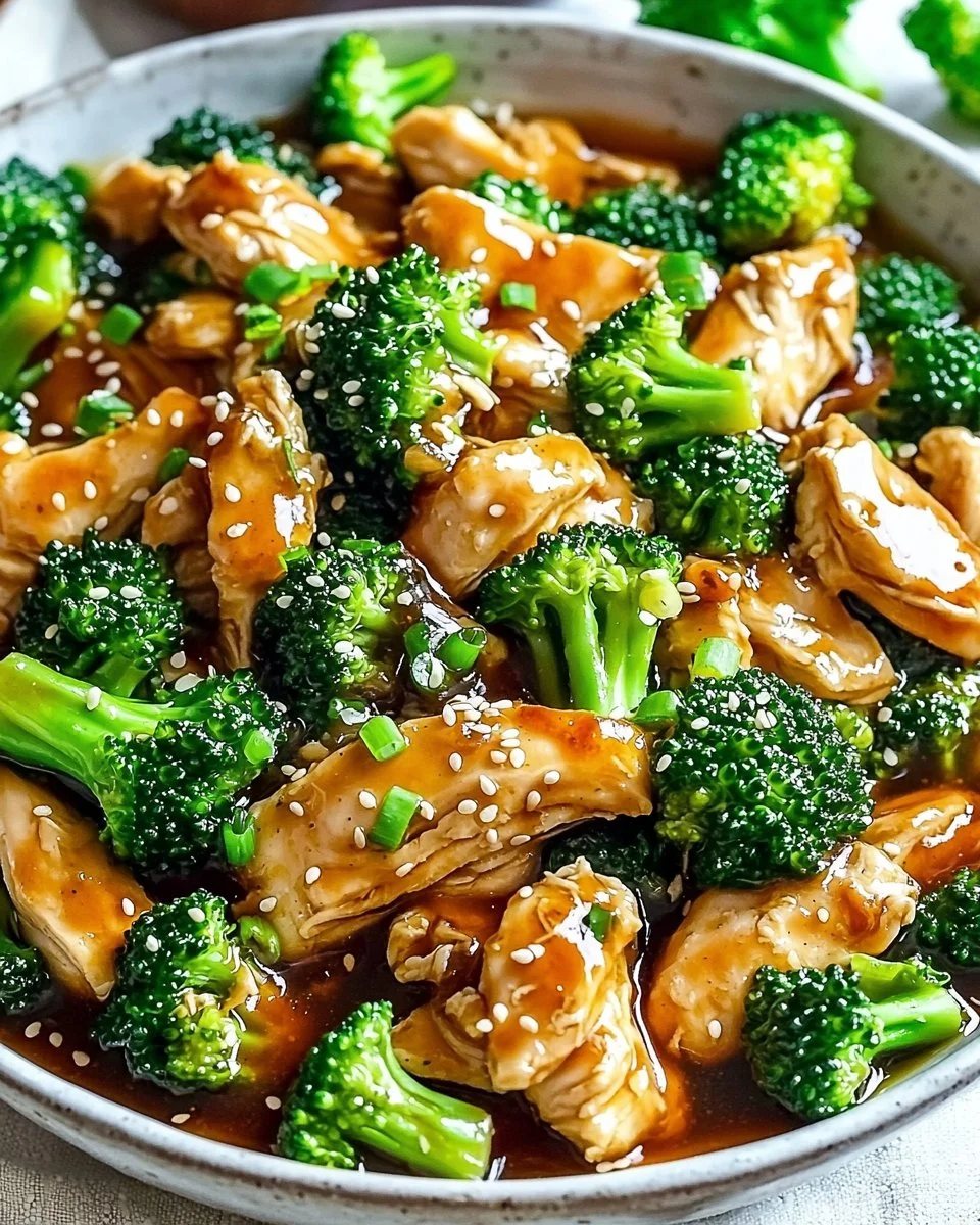 Plate of Chinese Chicken and Broccoli with vibrant vegetables and sauce