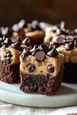 Delicious chocolate chip cookie dough brownie bites stacked in layers