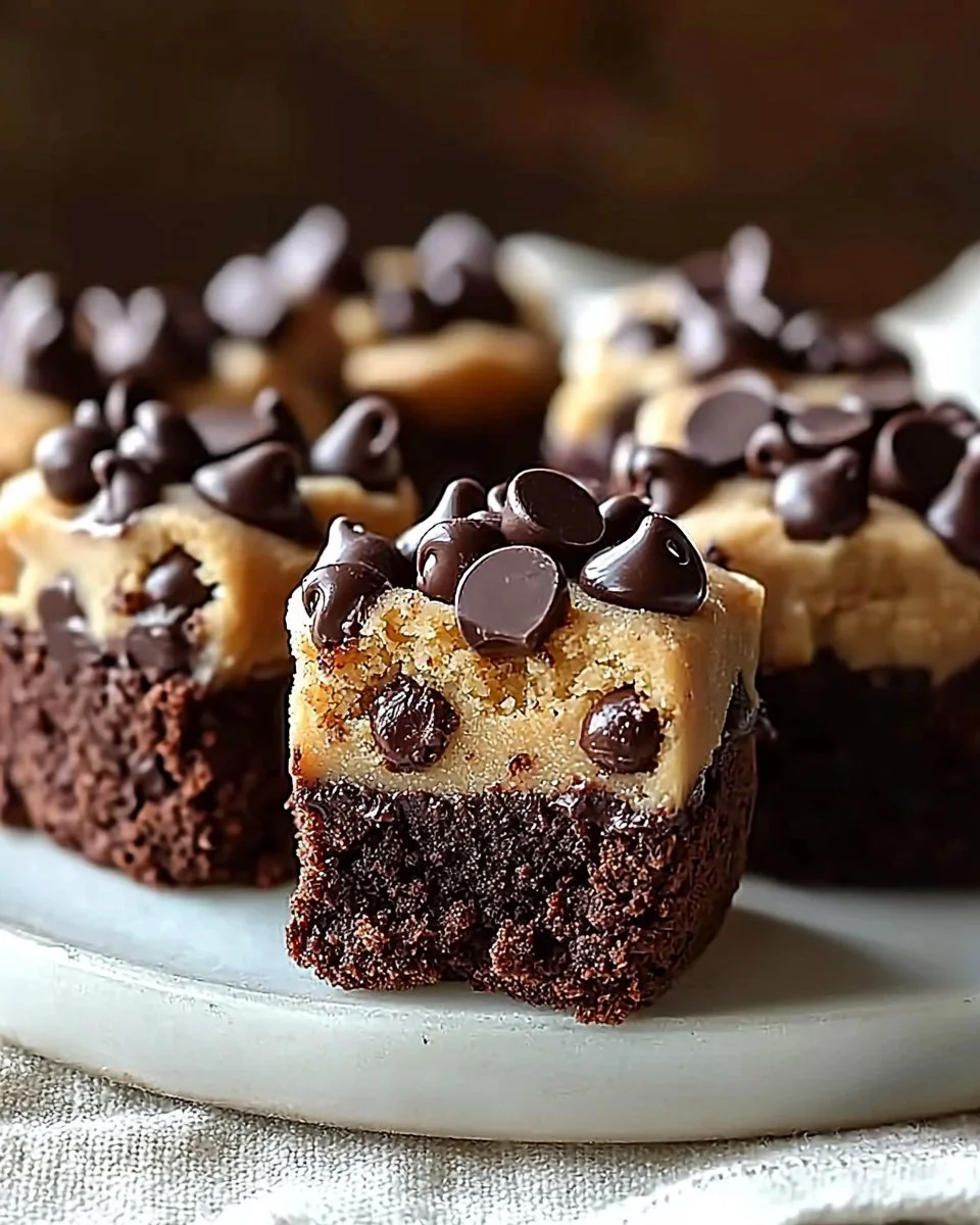 Delicious chocolate chip cookie dough brownie bites stacked in layers
