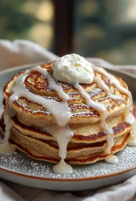 Delicious cinnamon roll pancakes topped with frosting and cinnamon sugar