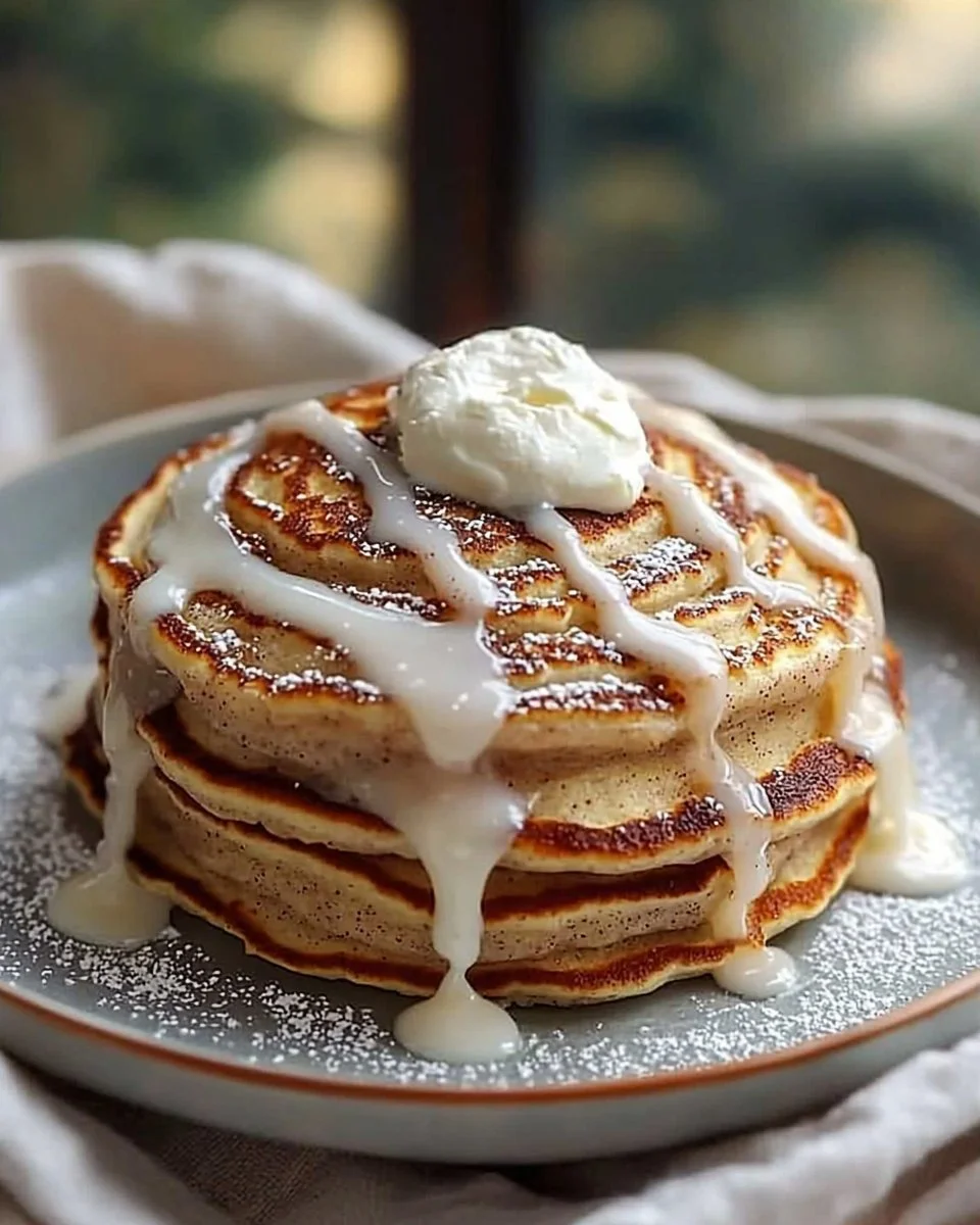 Delicious cinnamon roll pancakes topped with frosting and cinnamon sugar