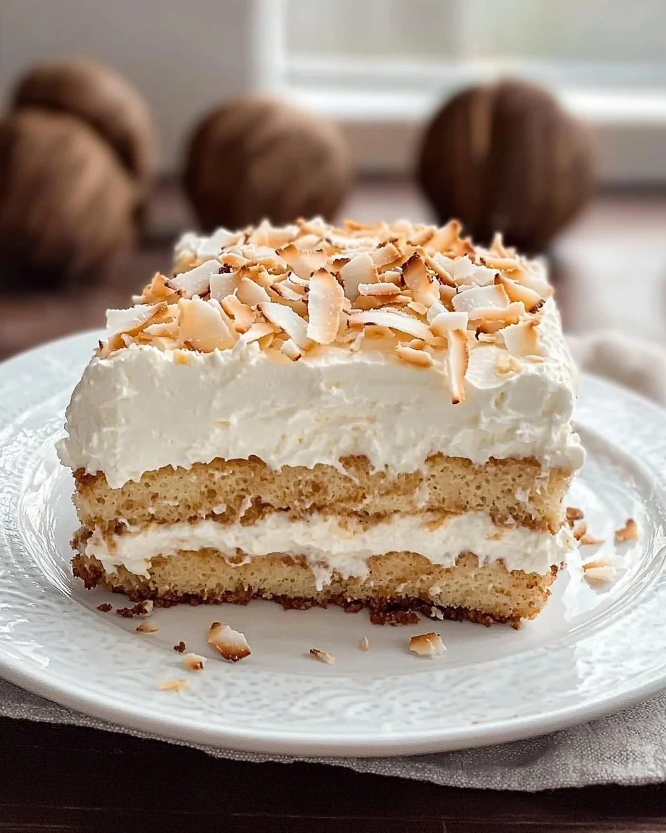Delicious Coconut Tiramisu dessert with creamy coconut layers and cocoa