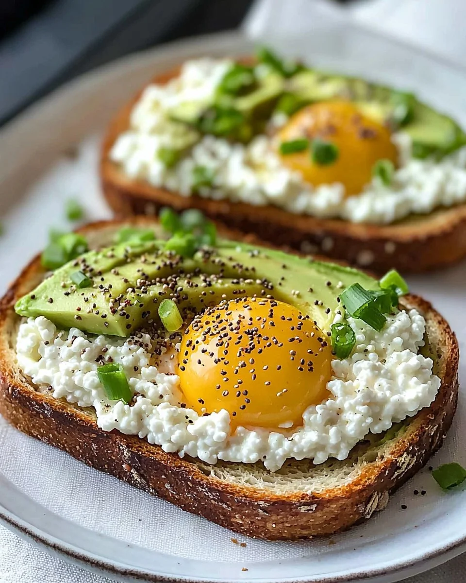 Delicious cottage cheese avocado toast topped with cherry tomatoes and herbs.
