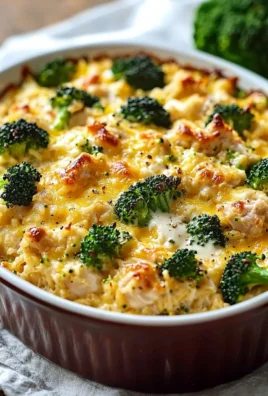 Creamy chicken broccoli rice cheese casserole in a baking dish
