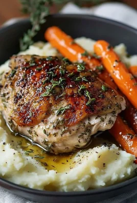 Creamy herb chicken served with mashed potatoes and honey glazed carrots