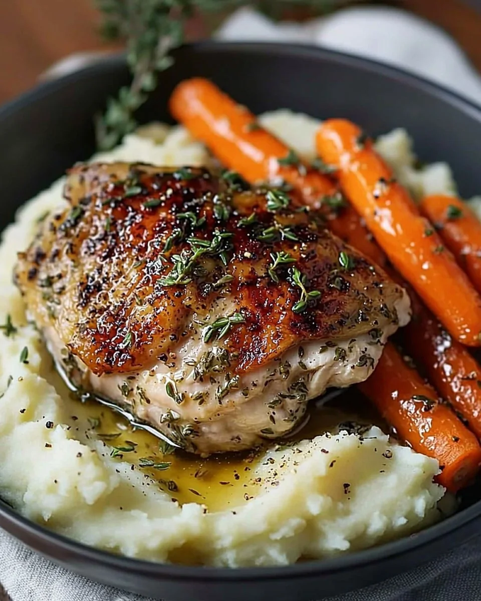Creamy herb chicken served with mashed potatoes and honey glazed carrots