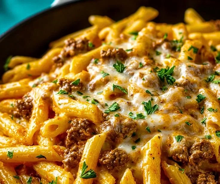Creamy high protein beef pasta dish with rich sauce and garnished herbs