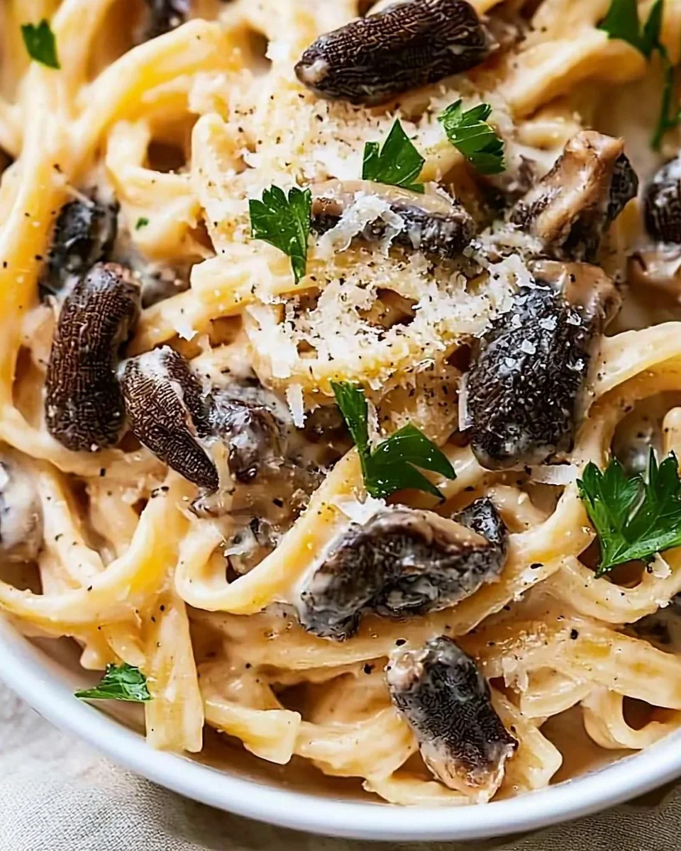 Delicious creamy morel mushroom pasta topped with fresh herbs and cheese