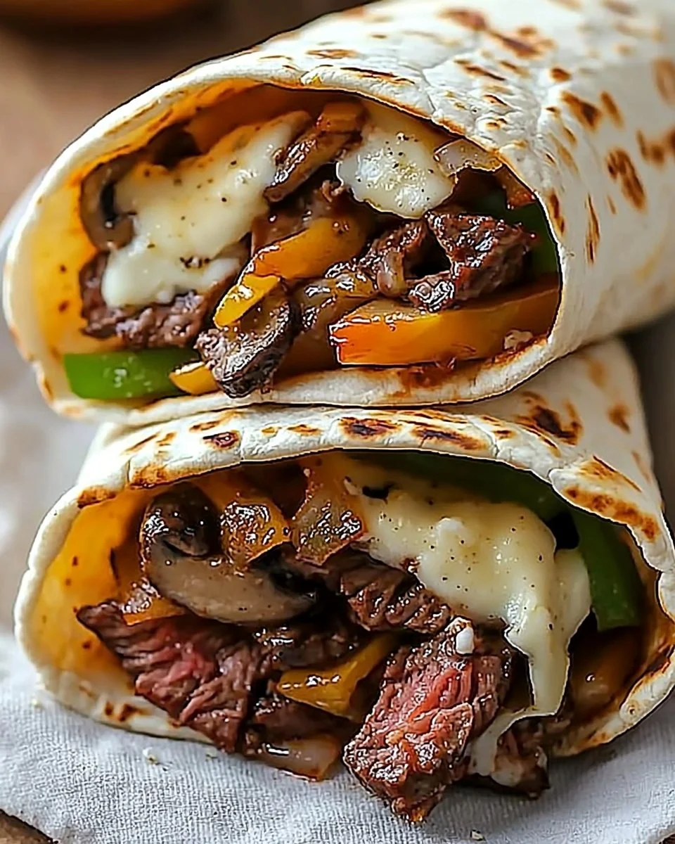 Crispy Philly cheesesteak grilled wraps with melted cheese and grilled vegetables