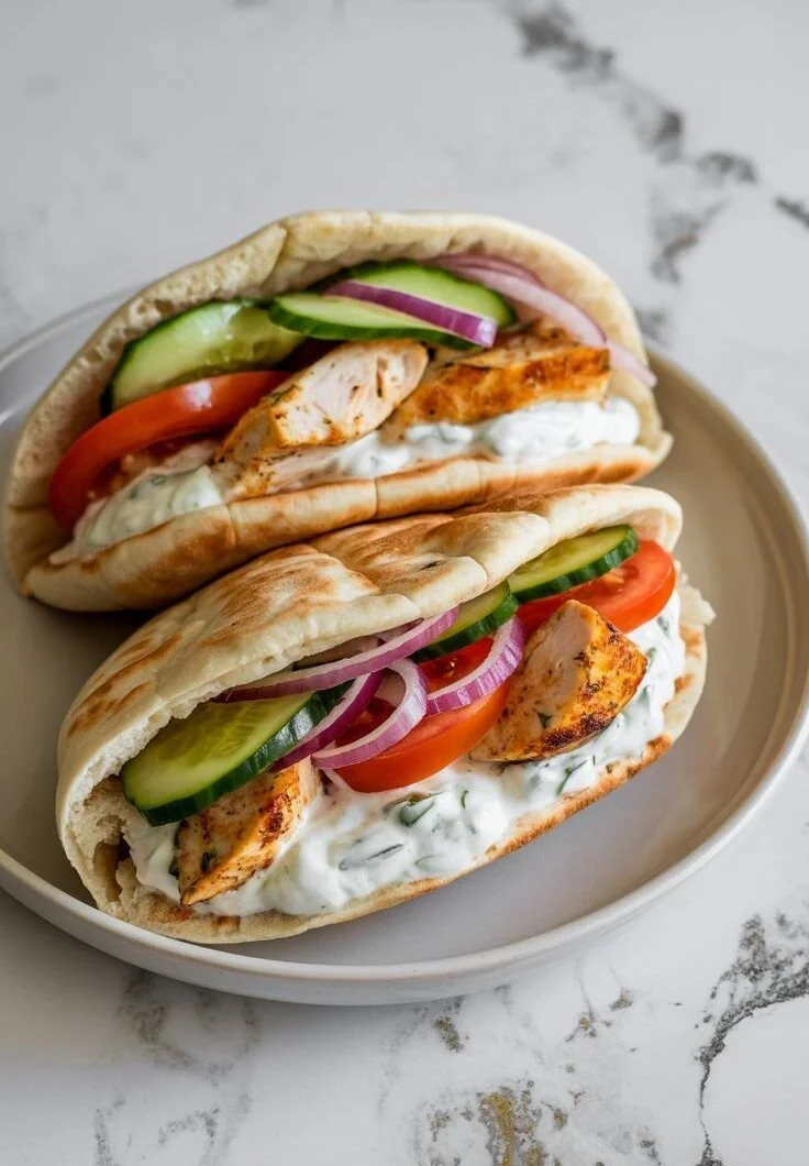 Crockpot Greek Chicken Pitas served with homemade Tzatziki sauce