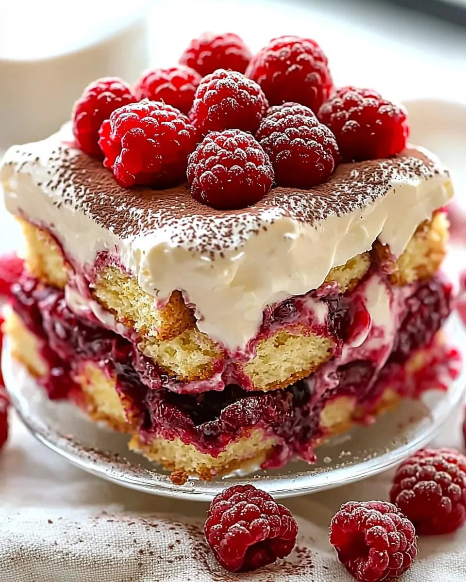 Delicious raspberry tiramisu dessert served on a plate with fresh berries.