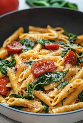 Bowl of delicious spinach tomato pasta topped with fresh basil and parmesan cheese.
