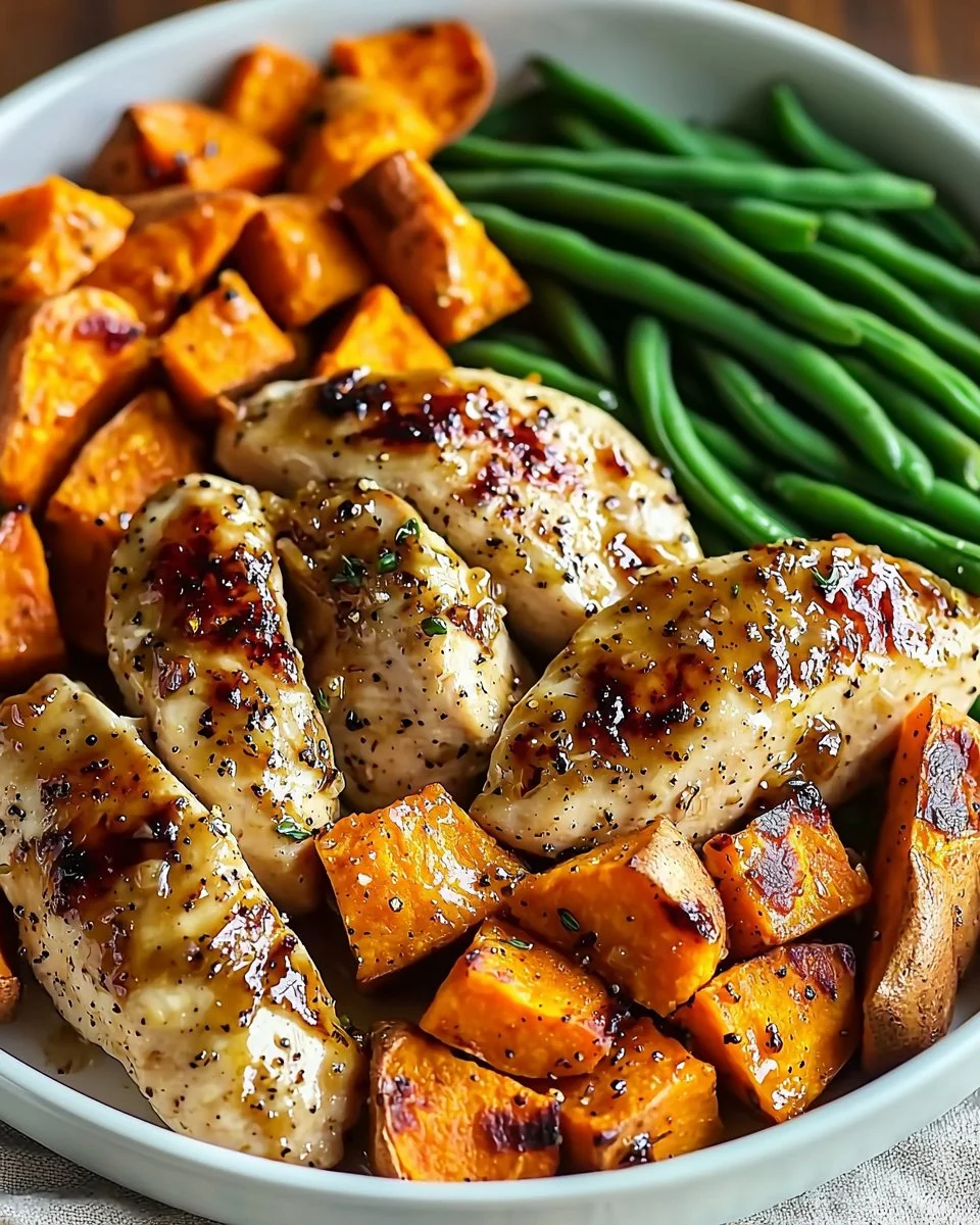 Delicious honey garlic chicken served with roasted sweet potatoes.