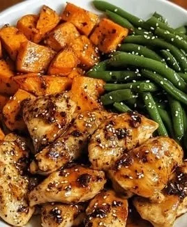 Delicious honey garlic chicken served with sweet potatoes on a plate