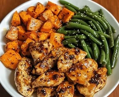 Delicious honey garlic chicken served with sweet potatoes on a plate