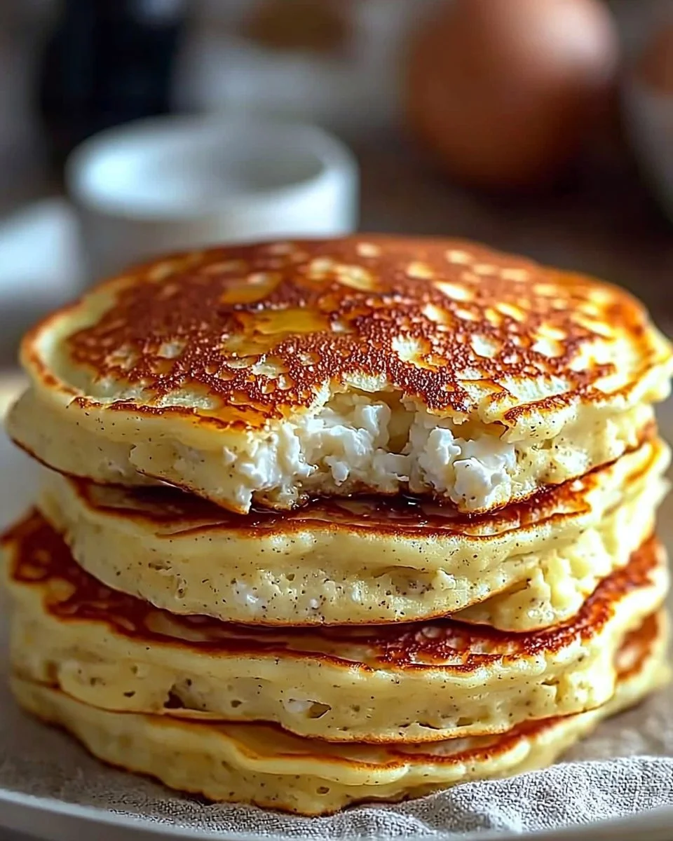 Flourless cottage cheese pancakes served with fresh fruit and syrup