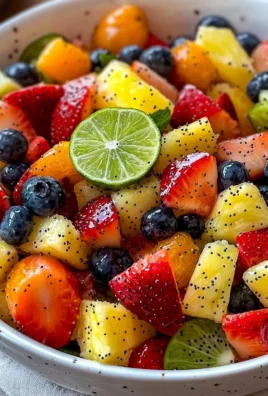 Colorful fruit salad with honey lime poppy seed dressing in a bowl