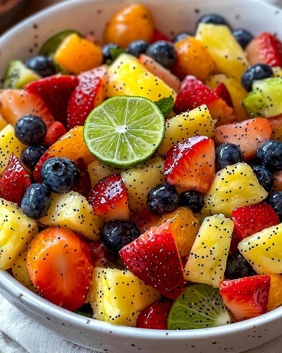 Colorful fruit salad with honey lime poppy seed dressing in a bowl