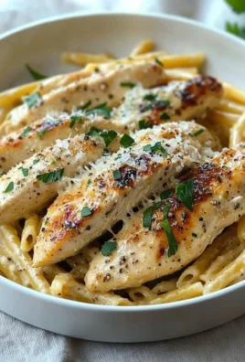 Delicious Garlic Parmesan Chicken served over pasta with herbs and parmesan cheese.