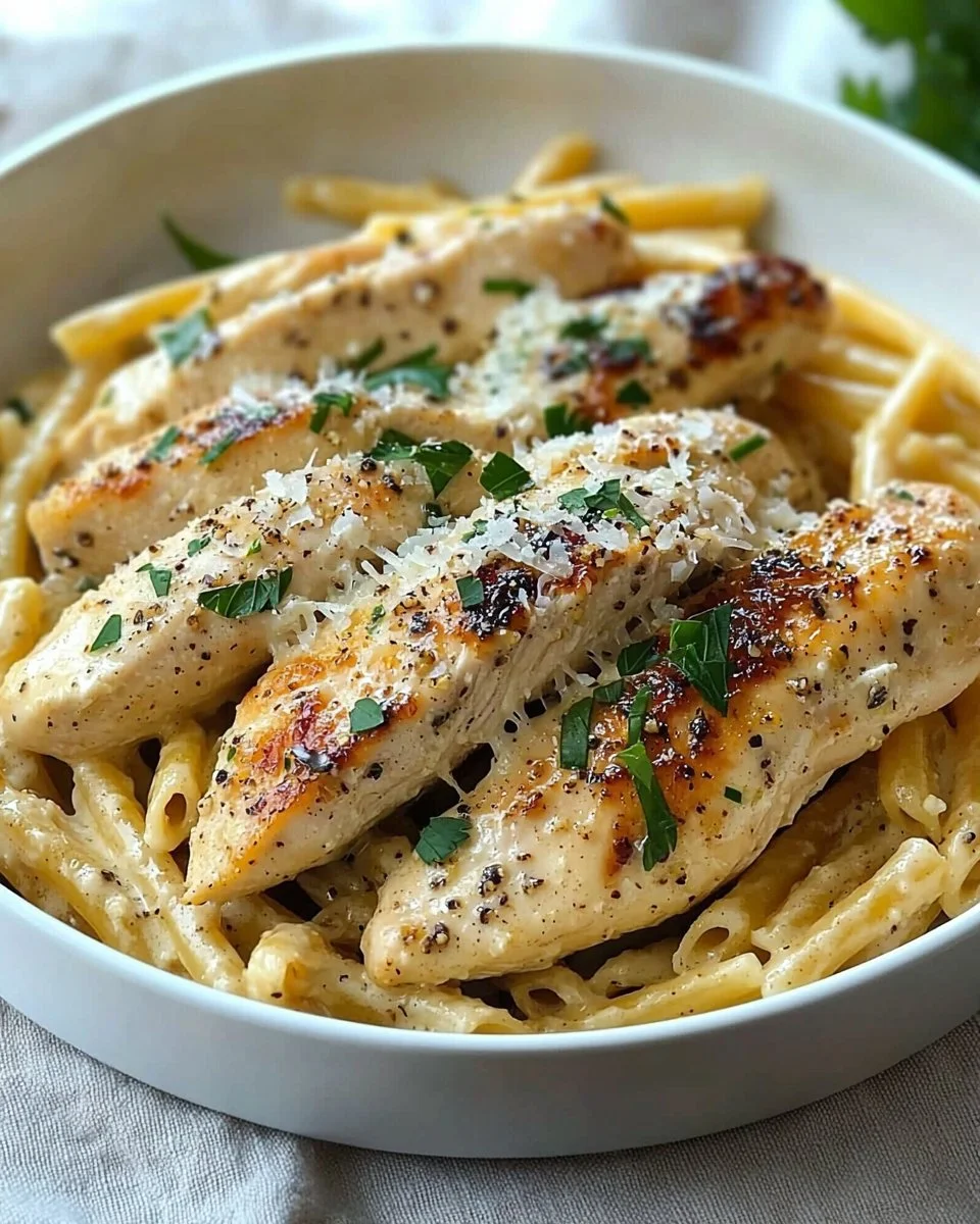 Delicious Garlic Parmesan Chicken served over pasta with herbs and parmesan cheese.