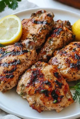 Juicy Greek Yogurt Marinated Chicken served with fresh herbs and lemon.