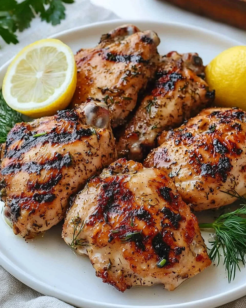 Juicy Greek Yogurt Marinated Chicken served with fresh herbs and lemon.