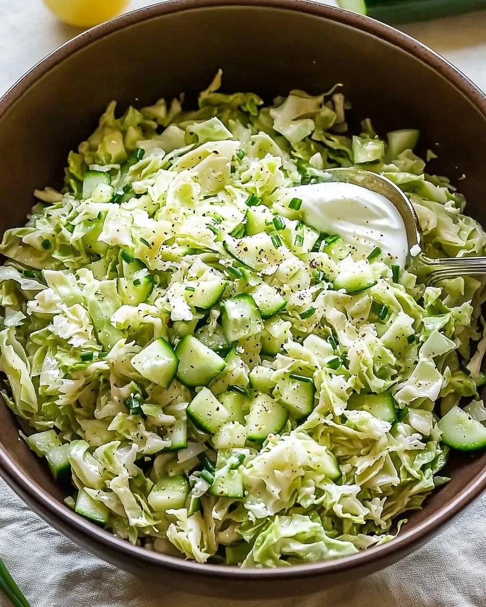 Green Goddess Cabbage Salad with fresh herbs and veggies on a plate