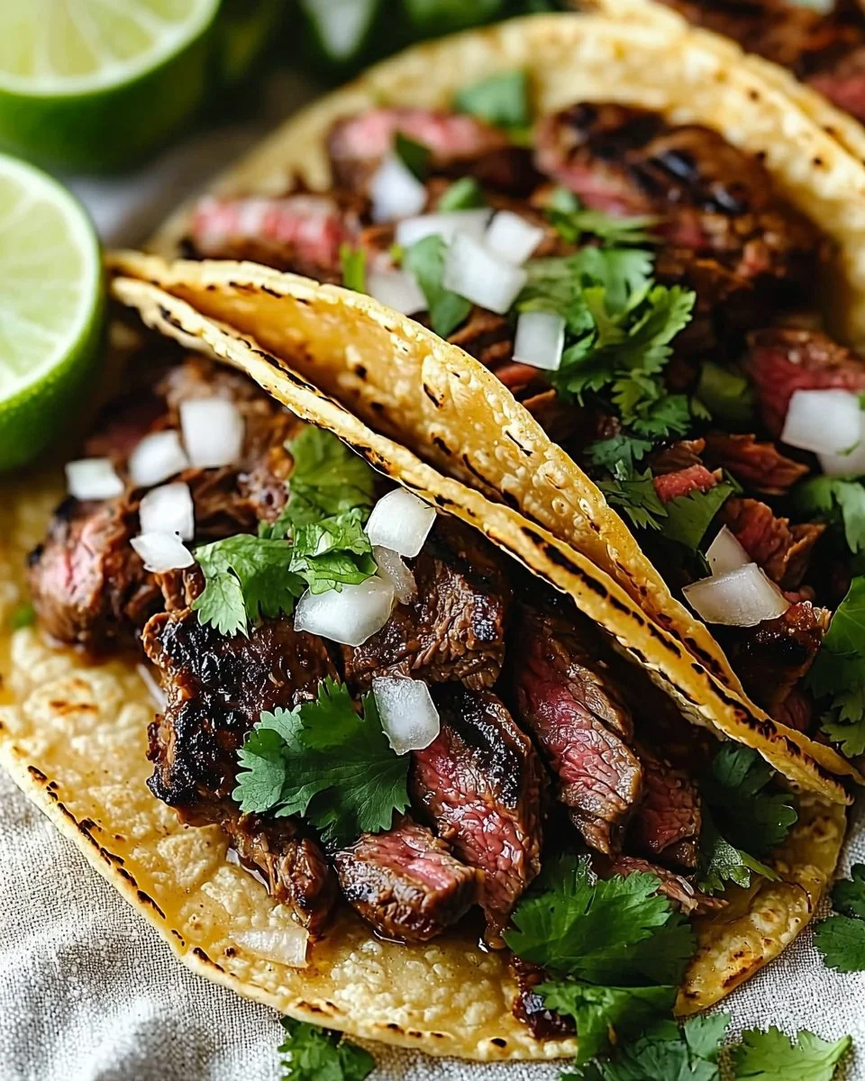 Grilled beef Mexican street tacos with cilantro, onions, and lime in a corn tortilla.