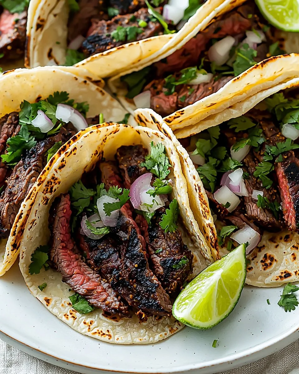 Delicious grilled beef tacos with fresh toppings and garnishes