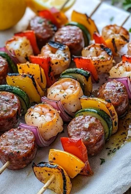 Grilled seafood skewers with shrimp, fish, and vegetables on a skewer