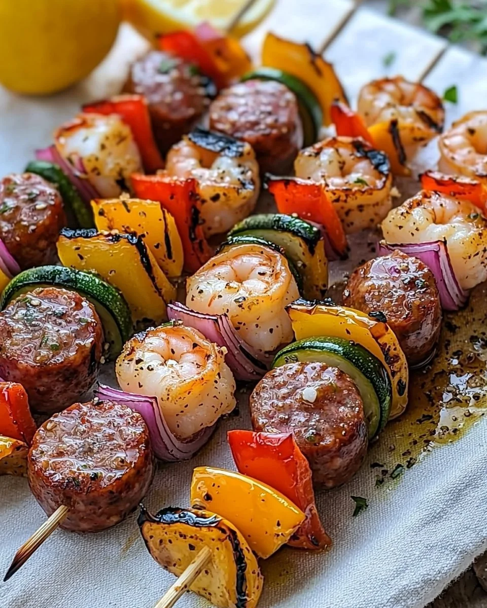 Grilled seafood skewers with shrimp, fish, and vegetables on a skewer