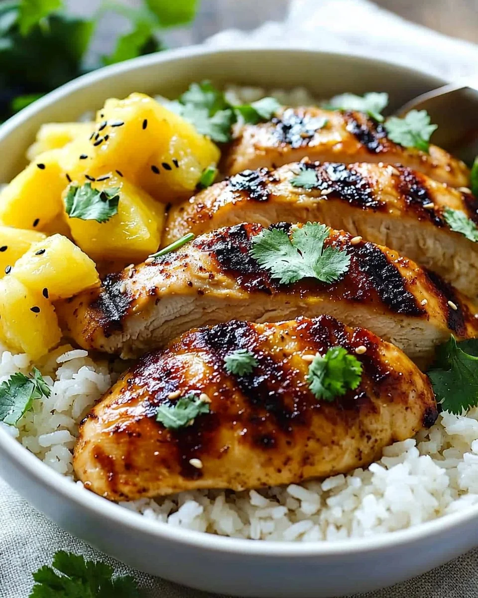 Hawaiian Chicken with pineapple and coconut rice on a plate